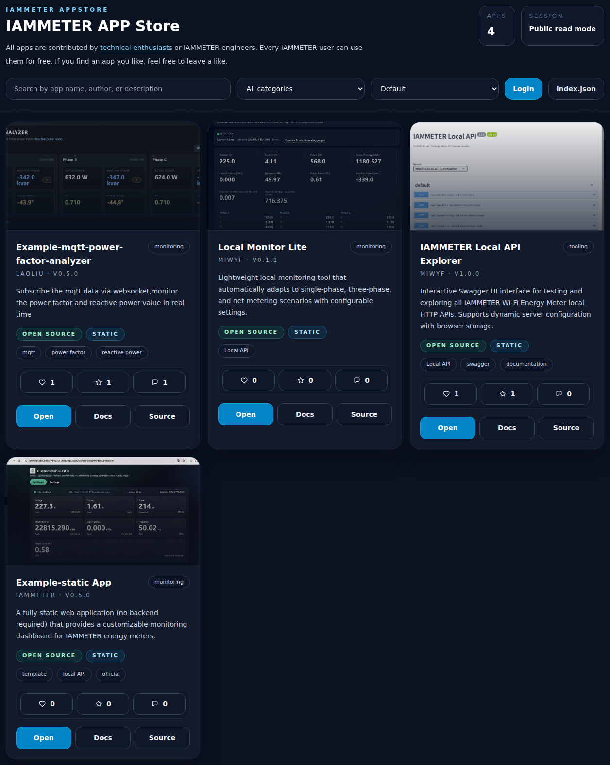 IAMMETER App Store home page with community dashboards and app listings