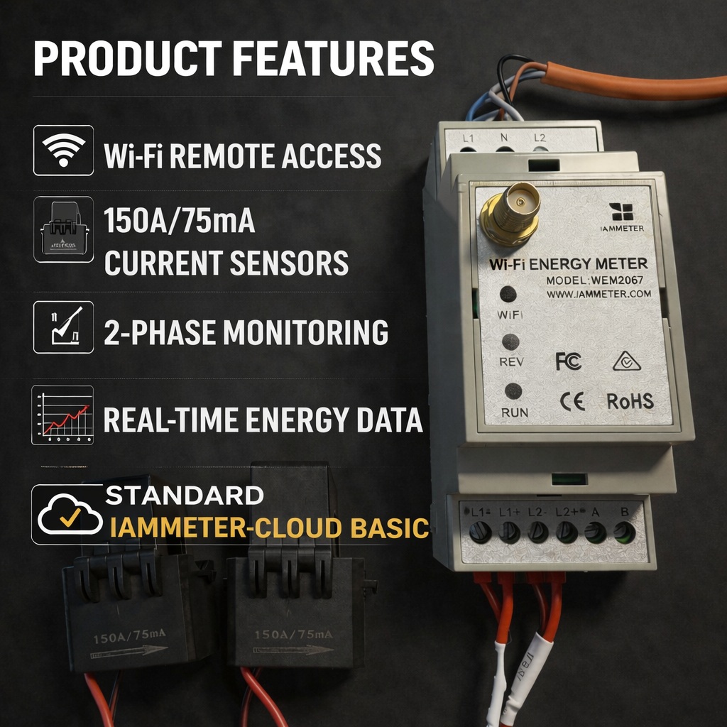 IAMMETER WEM2067 dual-phase energy meter for split phase and home solar monitoring