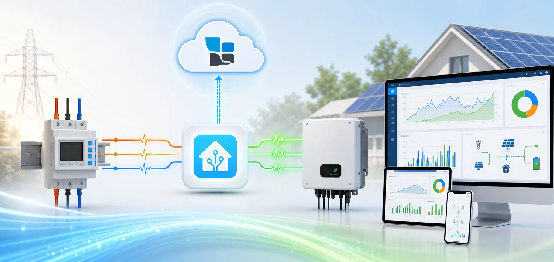 Promotional hero image showing Home Assistant bridging inverter and grid meter data into IAMMETER Cloud solar monitoring