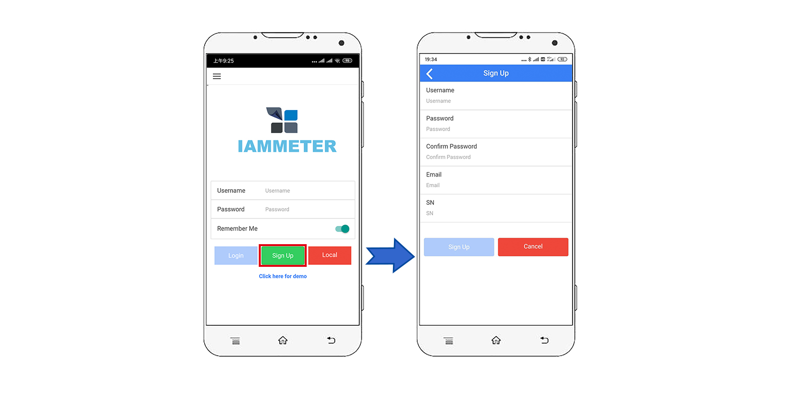 Aanmeldproces in de IAMMETER-app