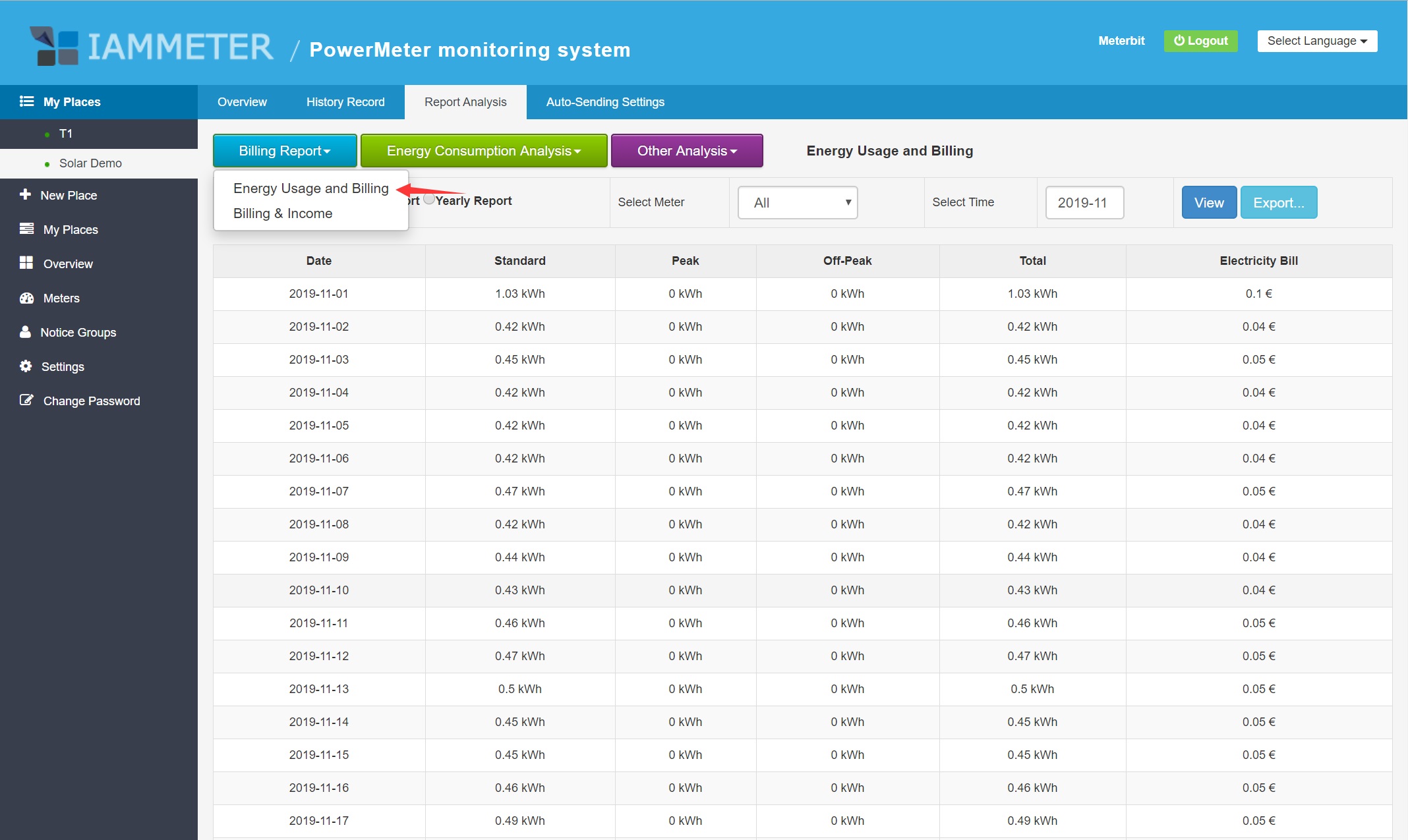 energy consumption report in the three phase energy monitoring system