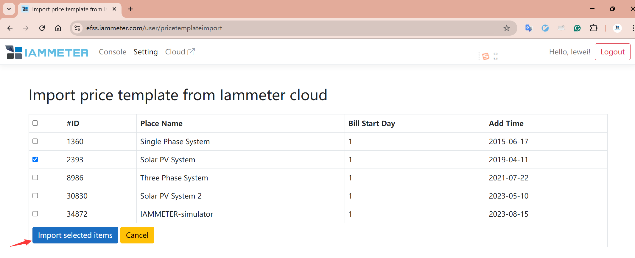 select the place in IAMMETER-cloud 