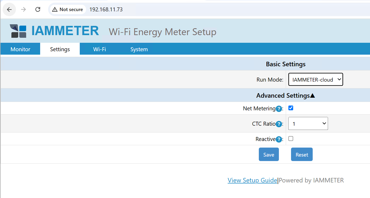 Advanced setting (NEM, CT Ratio, Reactive)