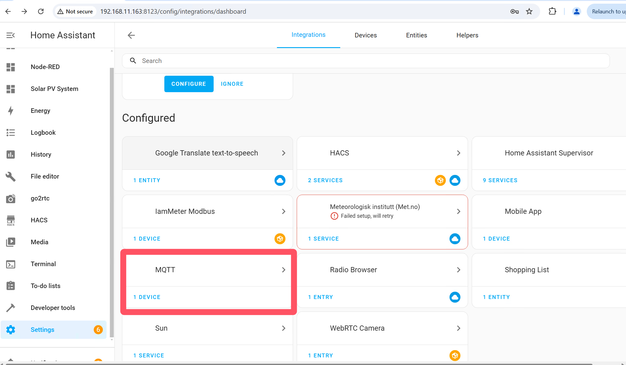 Home assistant: Configured-/>MQTT