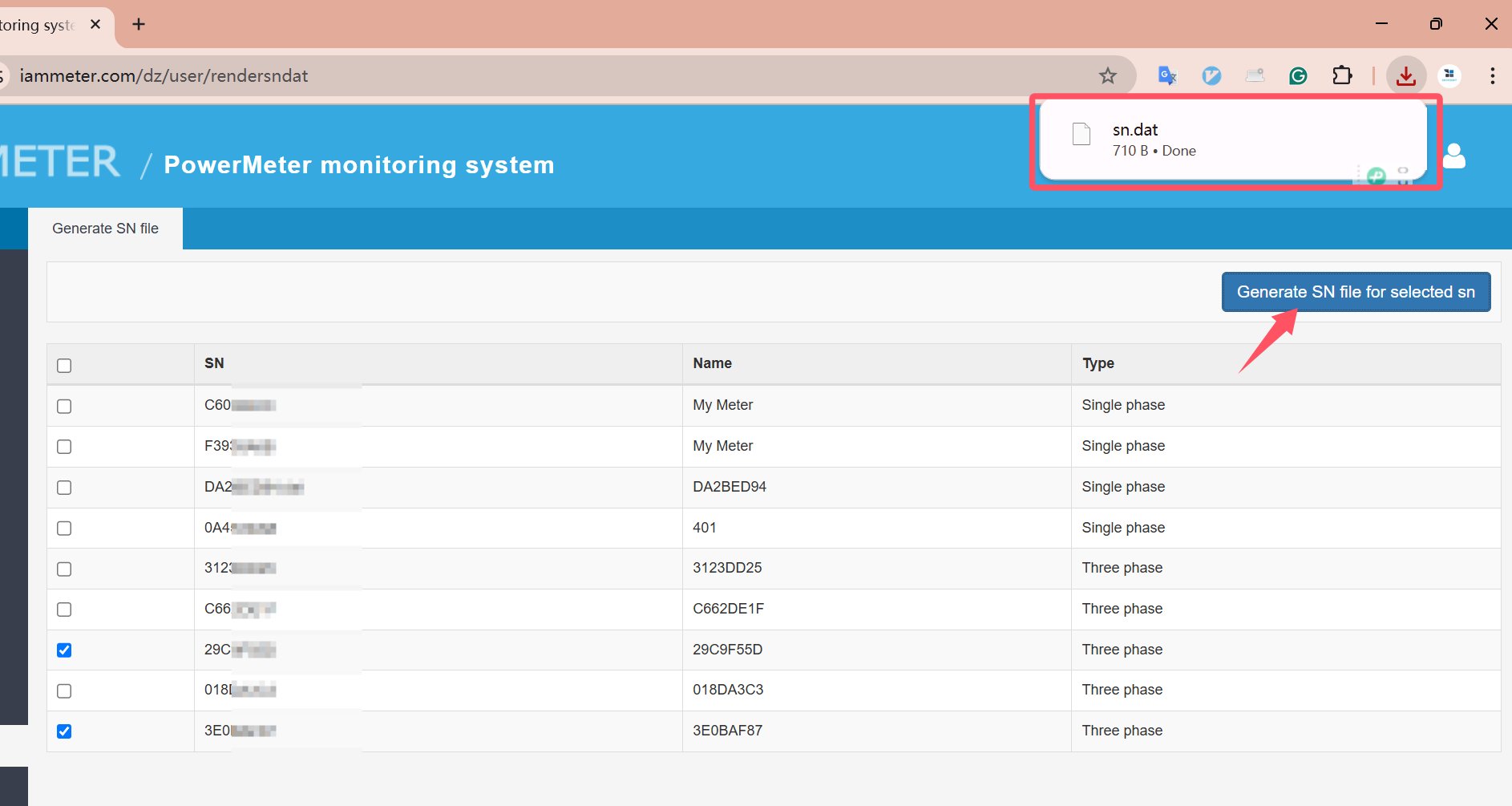 Export Sn.dat from IAMMETER-cloud