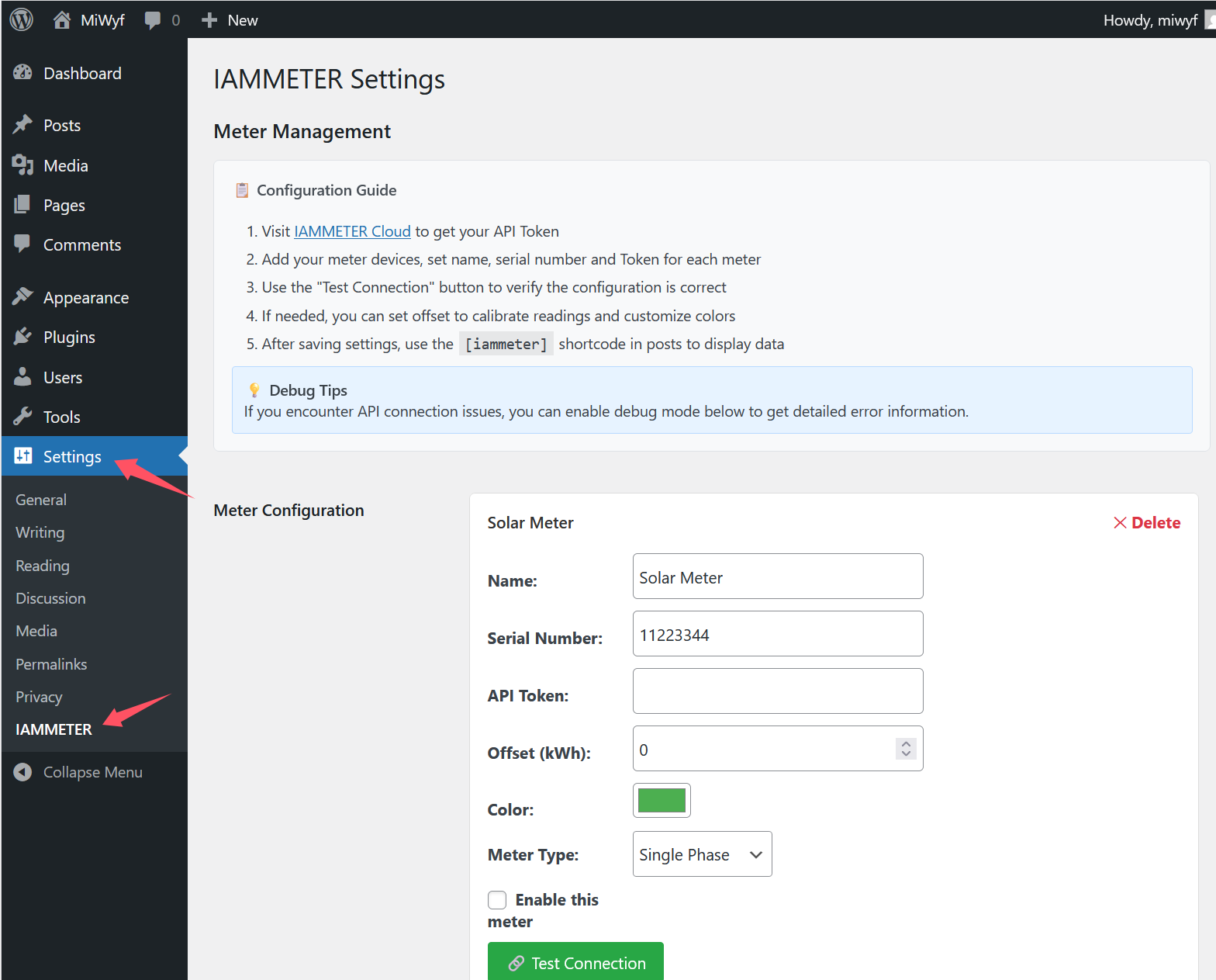 IAMMETER plugin settings page in WordPress admin