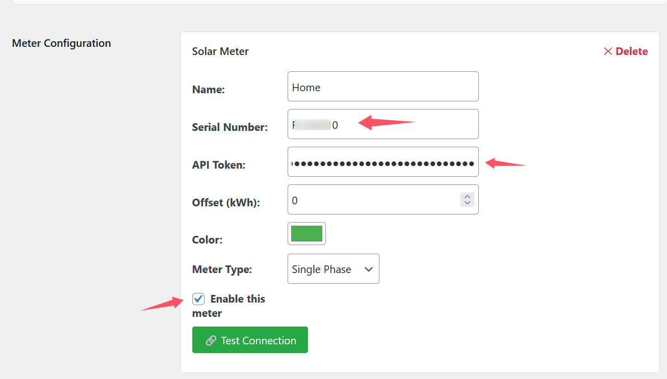 Single-phase IAMMETER configuration in WordPress plugin