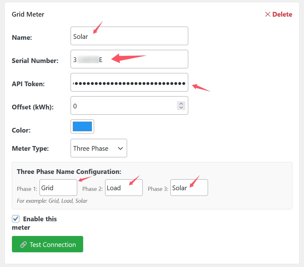 Three-phase IAMMETER configuration in WordPress plugin