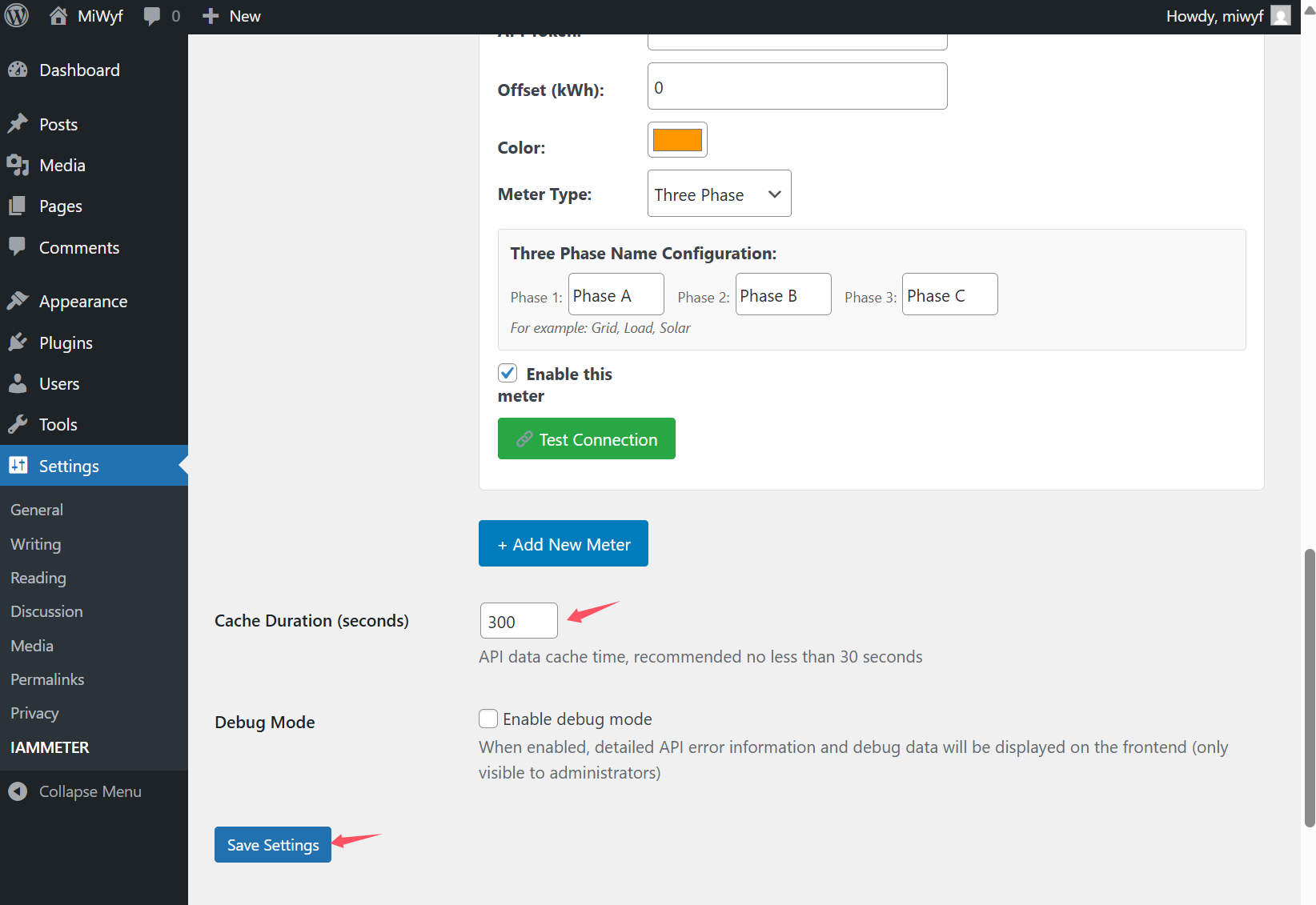 Save IAMMETER plugin configuration settings in WordPress