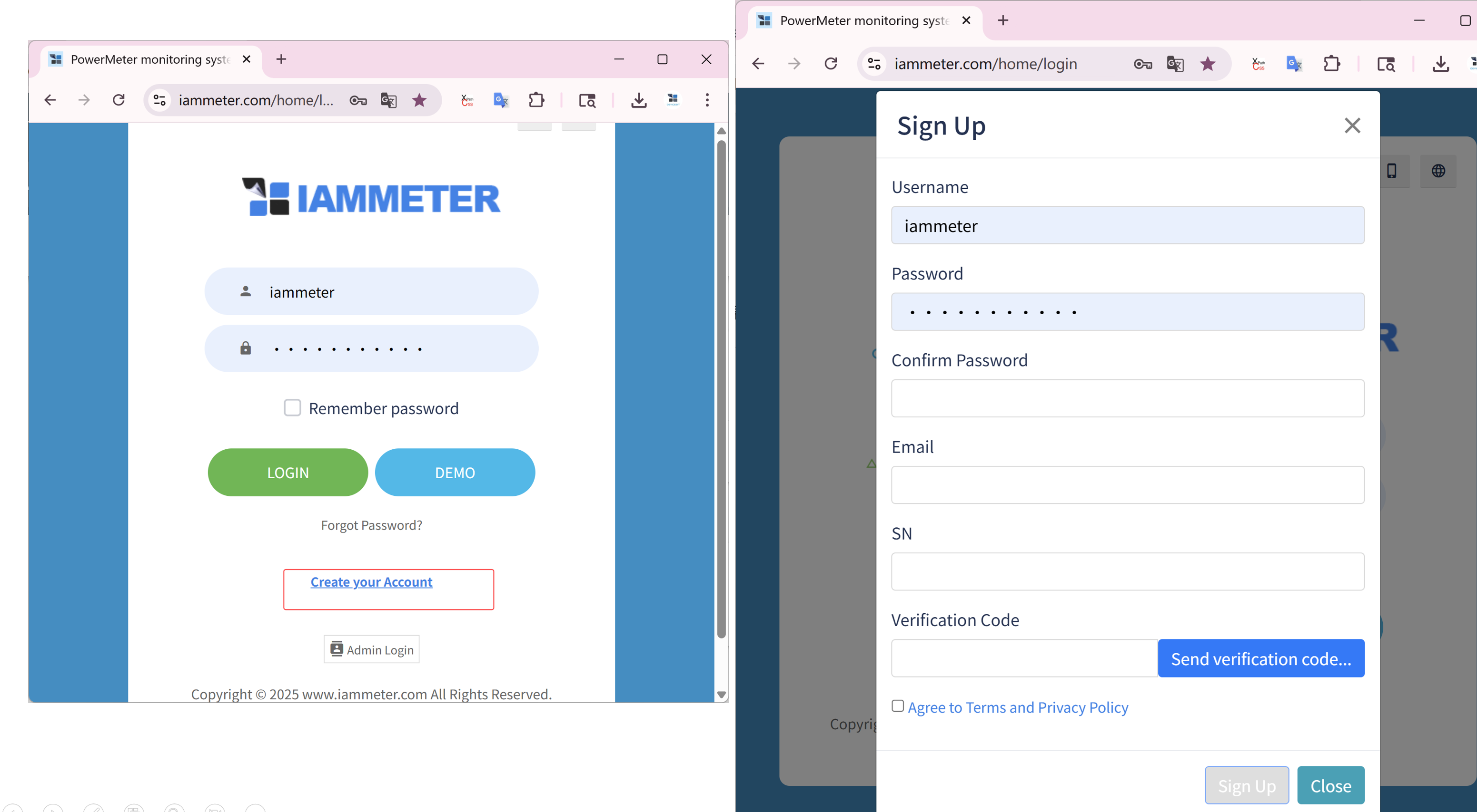 Register IAMMETER-Cloud account via browser