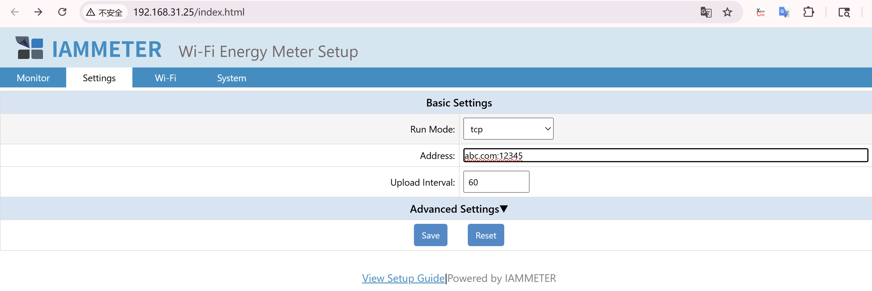 Example of TCP server address configuration