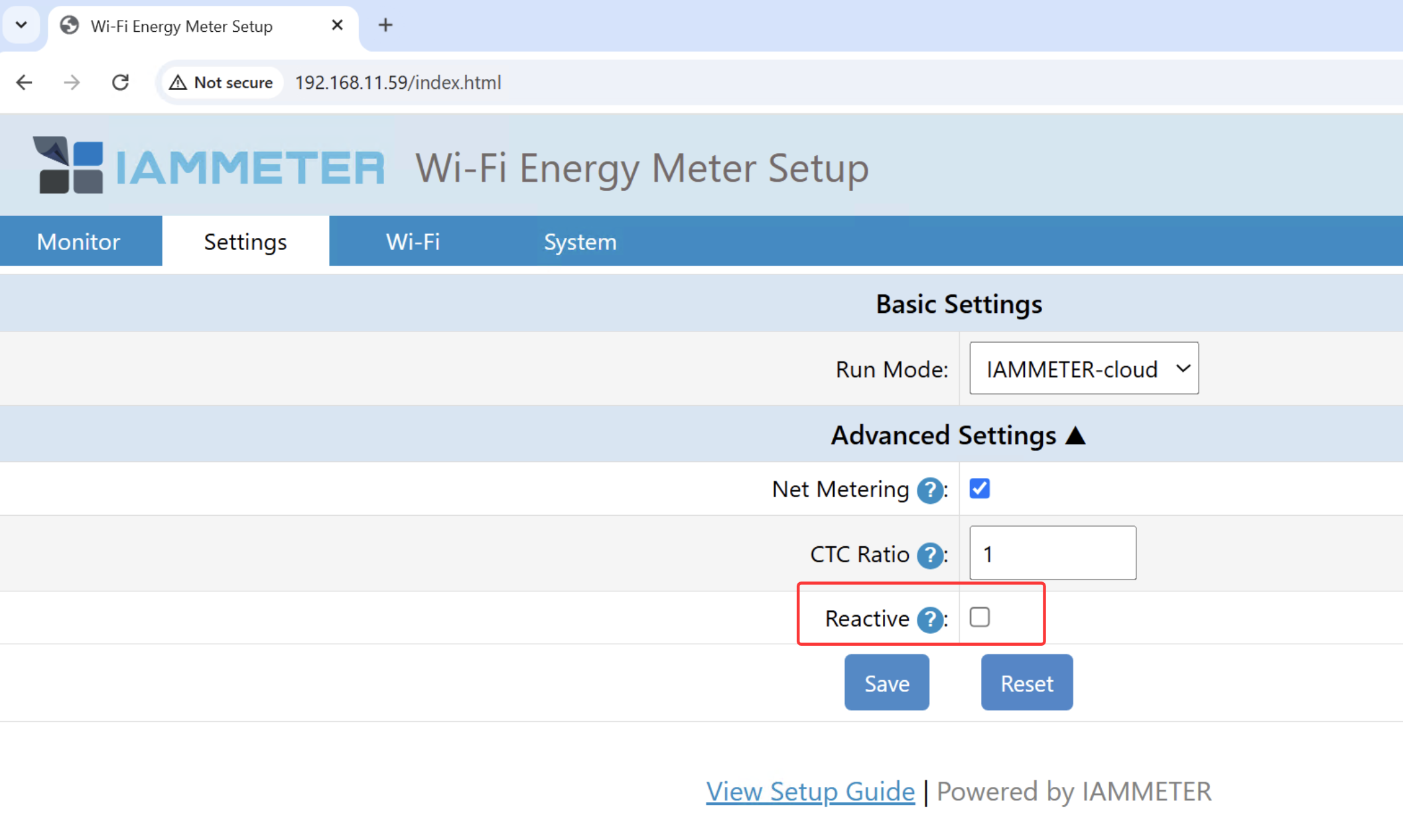 Enable reactive measurement in the meter