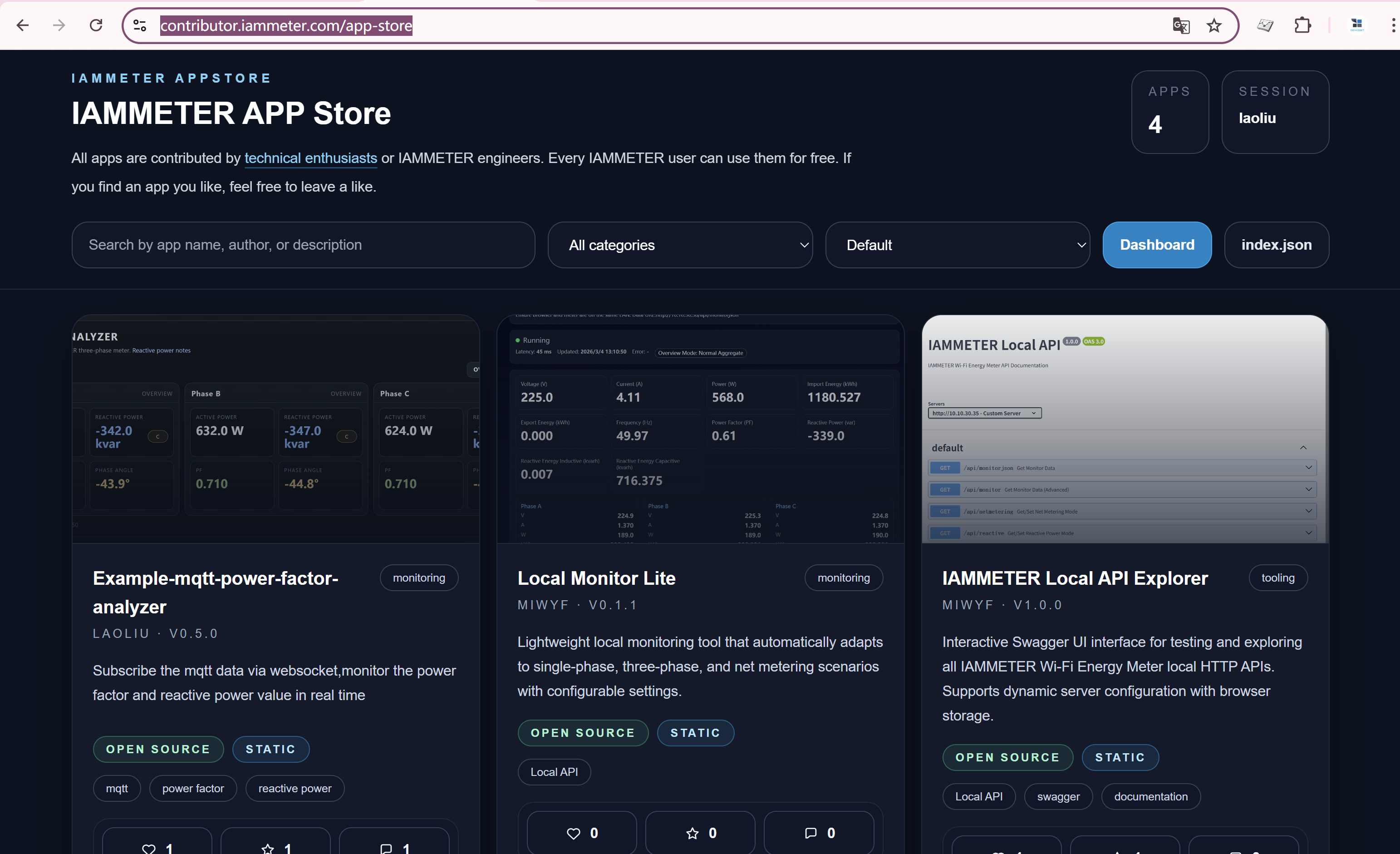 IAMMETER App Store dashboard and community apps overview
