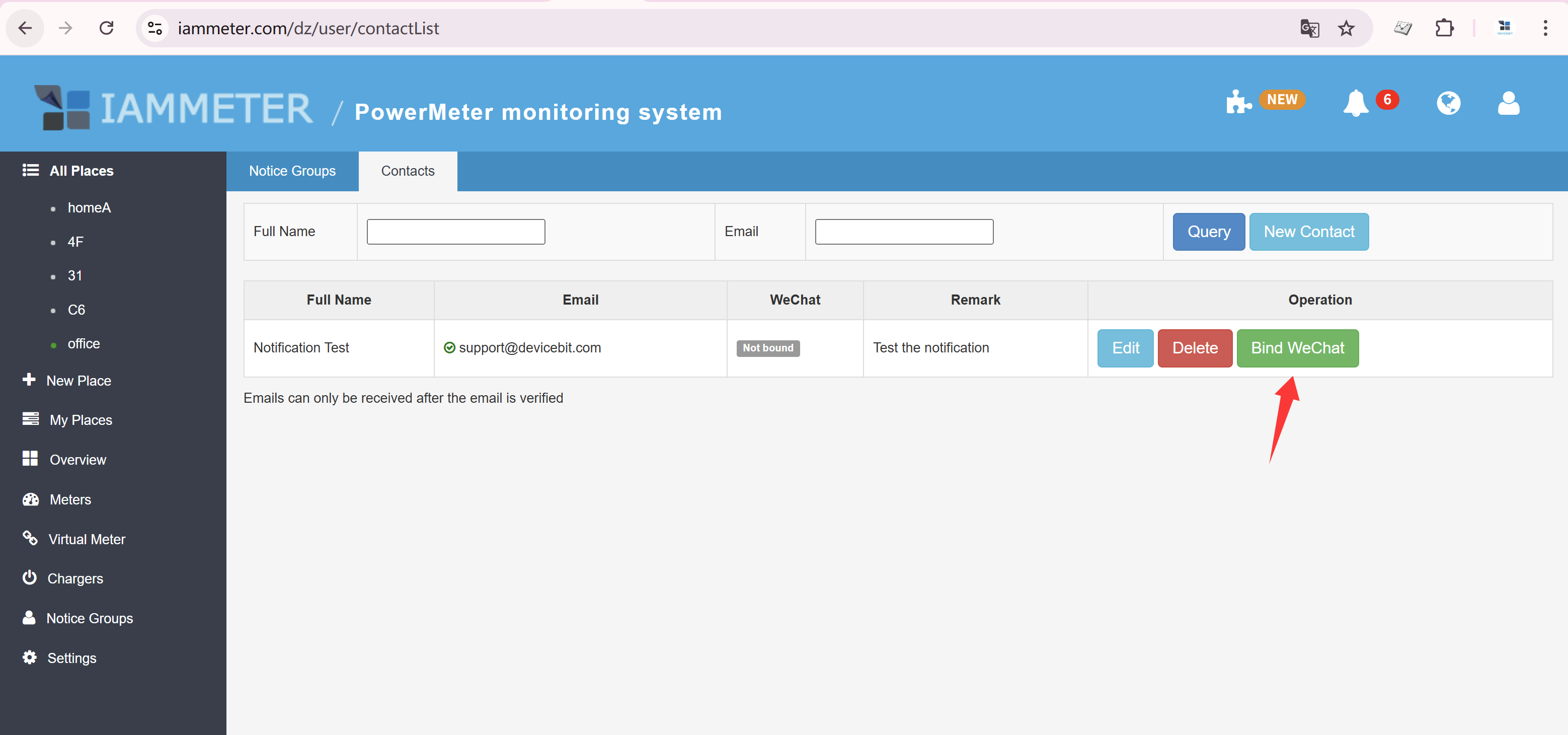 IAMMETER contact configuration page with email and WeChat binding