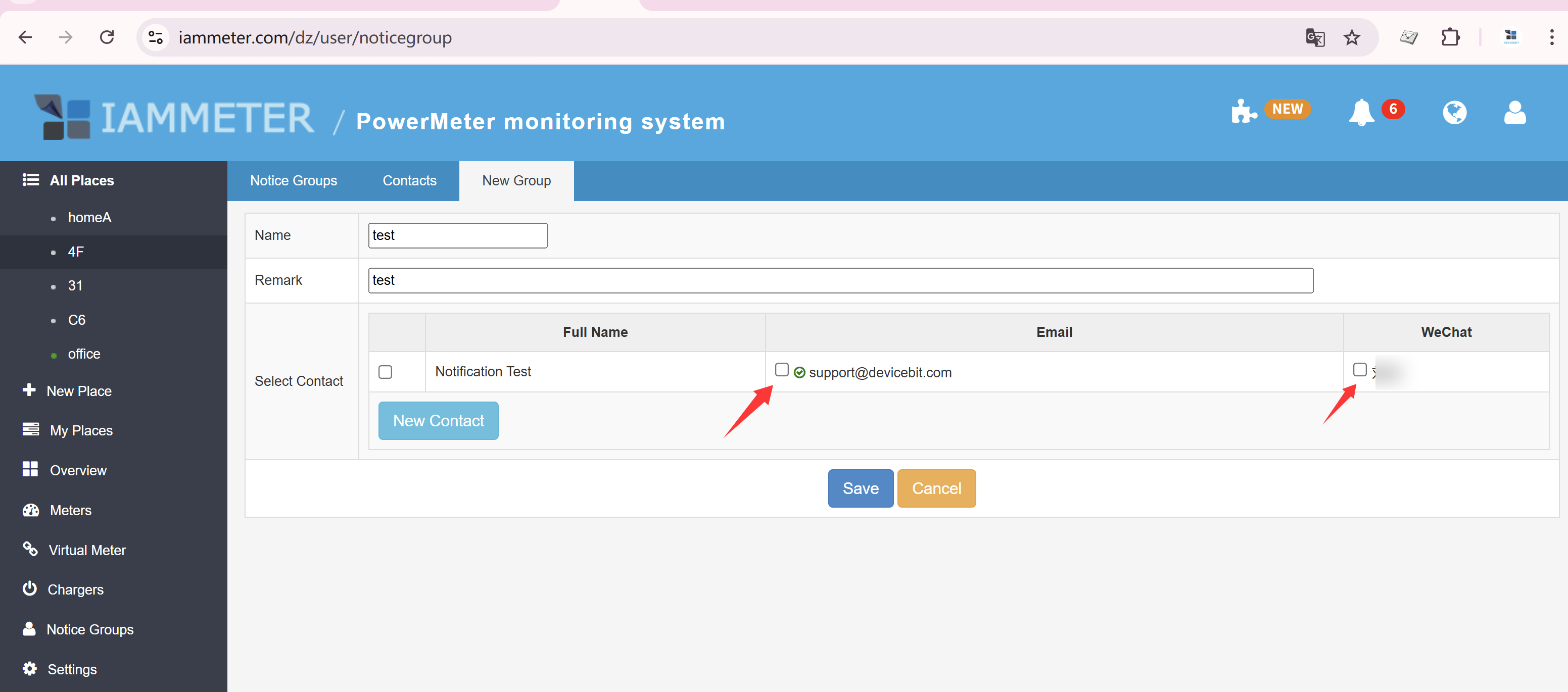 IAMMETER notice group settings with contact selection and WeChat notification
