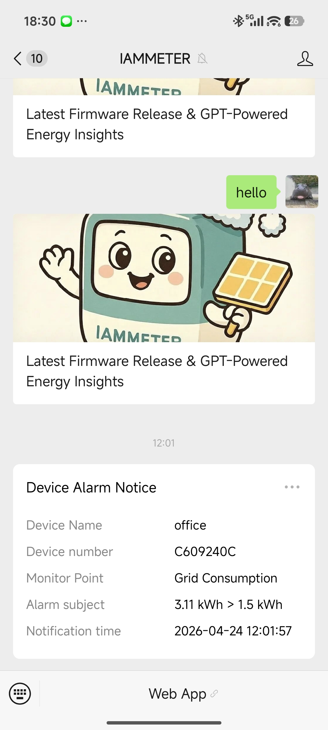 IAMMETER alert message received in WeChat