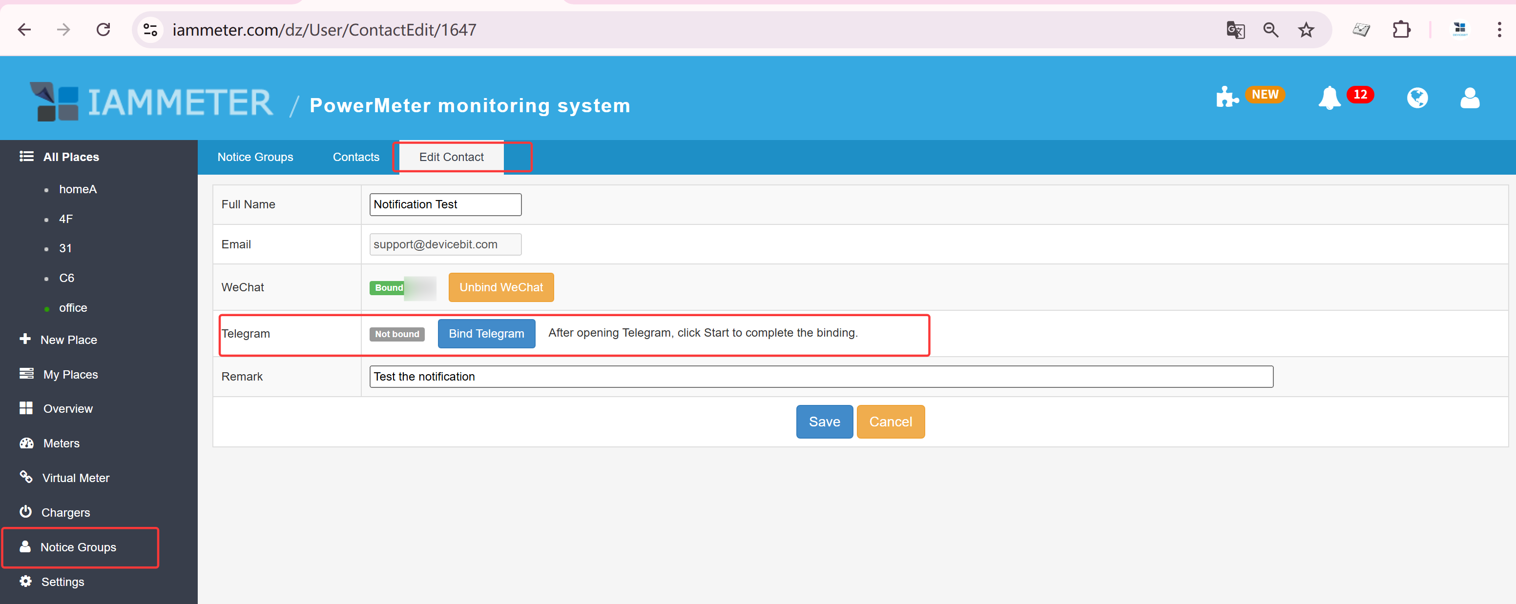 IAMMETER-cloud Telegram alert notification setting