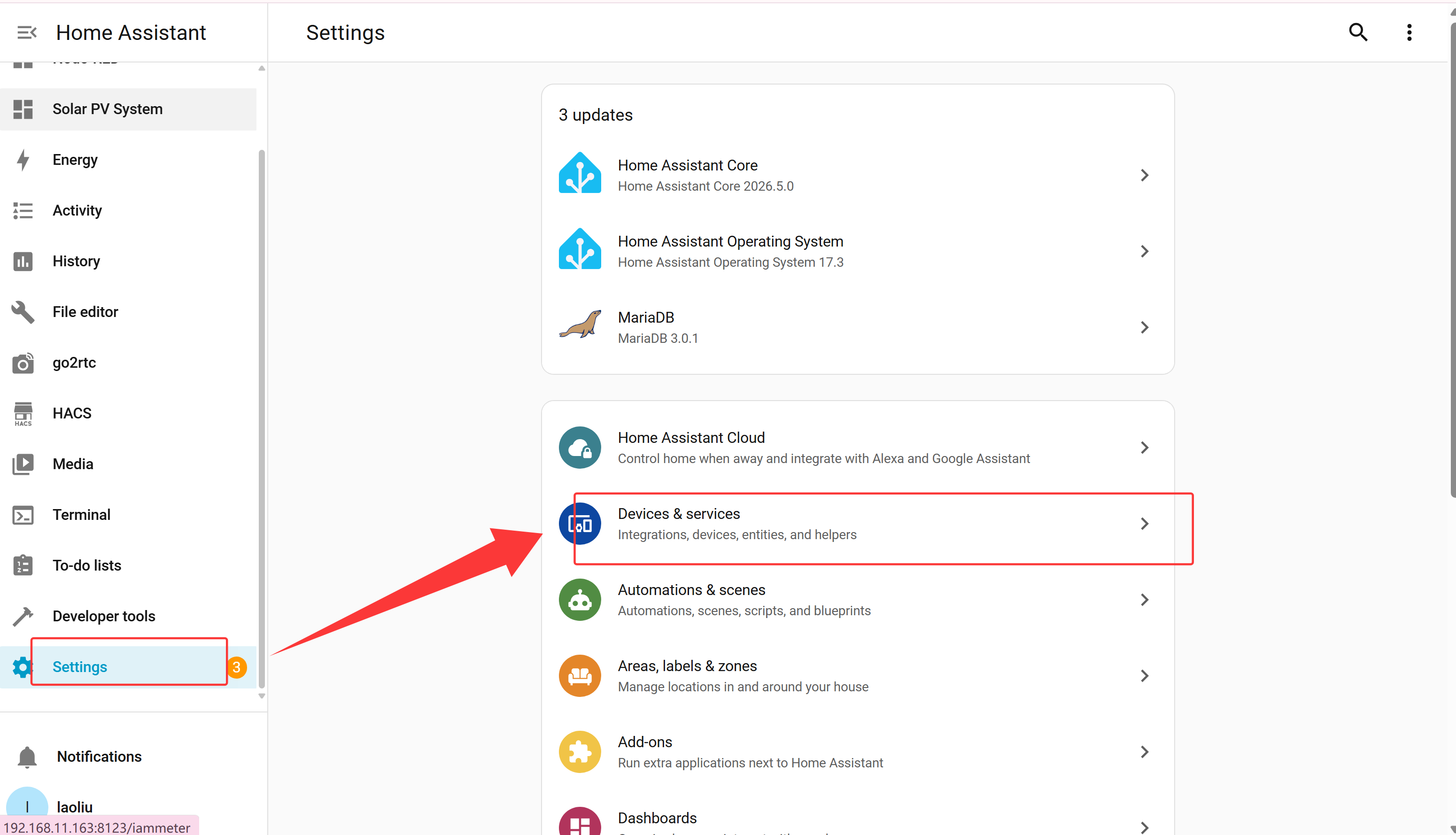 Home Assistant Devices and Services page for adding IAMMETER-Link