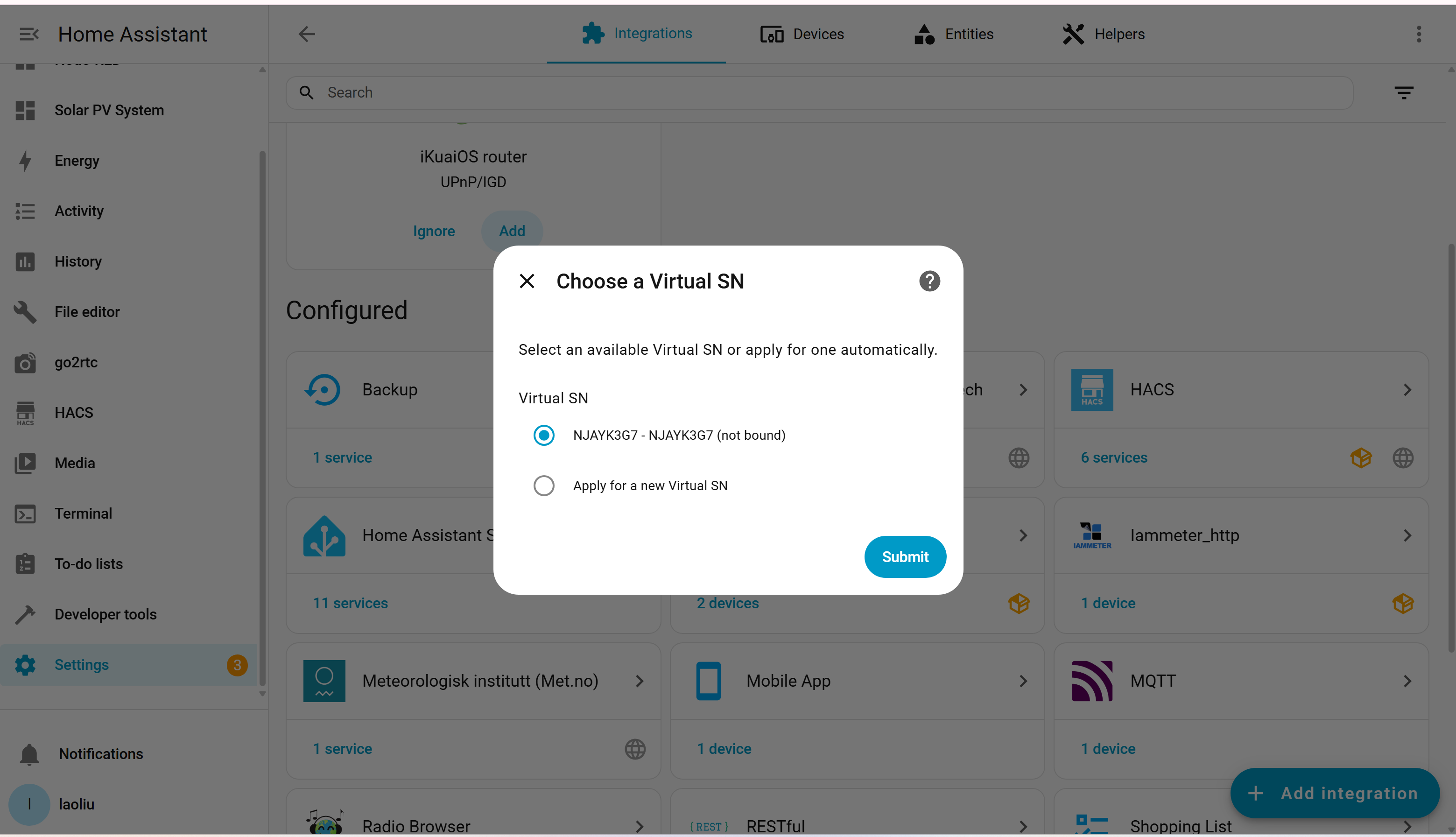Virtual Meter SN selection step for reusing an existing Virtual Meter during setup