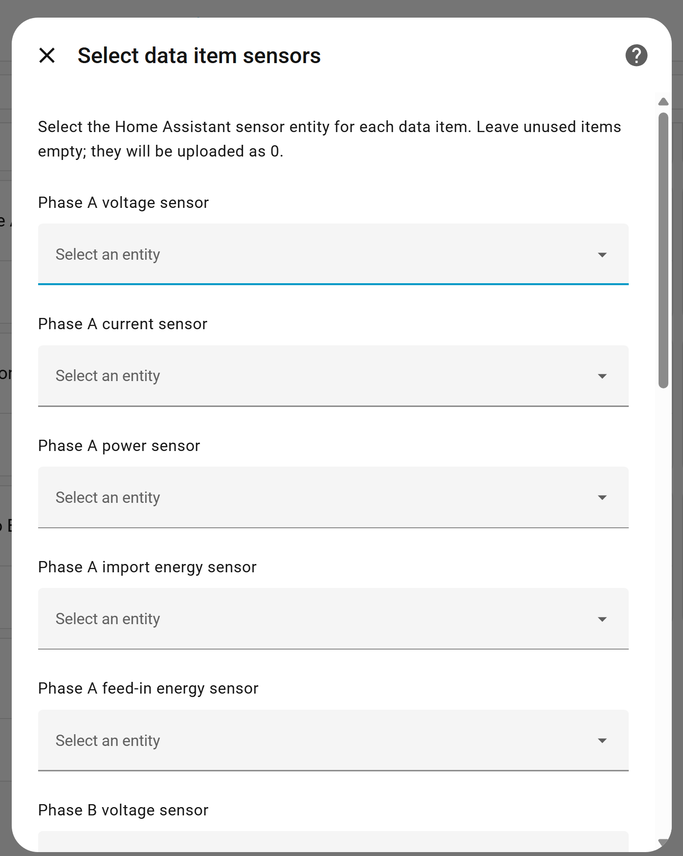Sensor mapping page for assigning Home Assistant entities to IAMMETER phase data fields