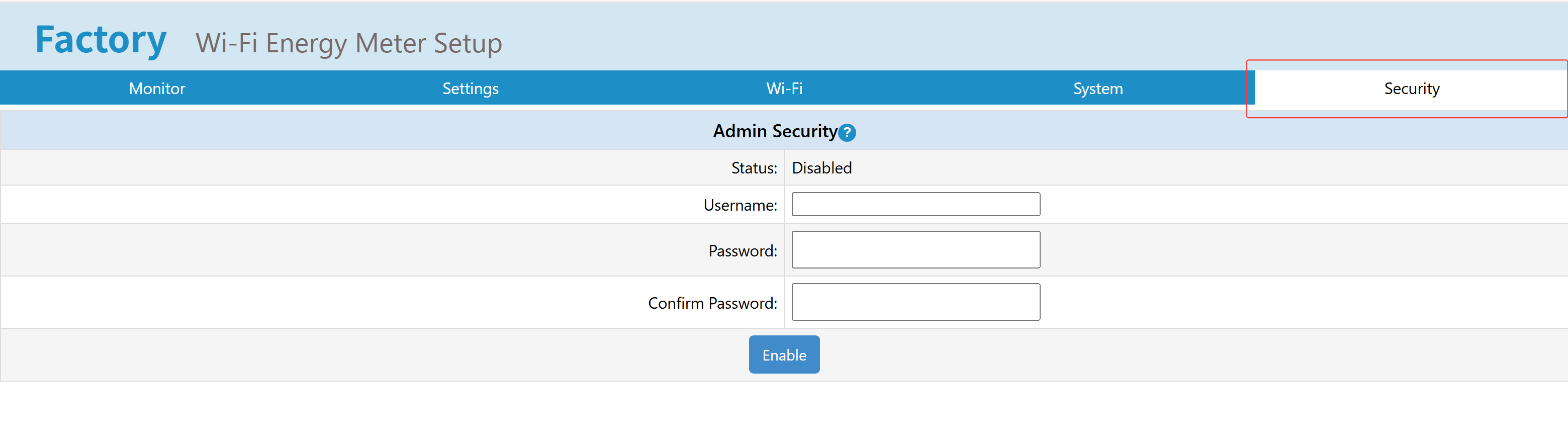 IAMMETER lokale webinterface Security-tabblad voor het configureren van de beheerdersgebruikersnaam en het wachtwoord
