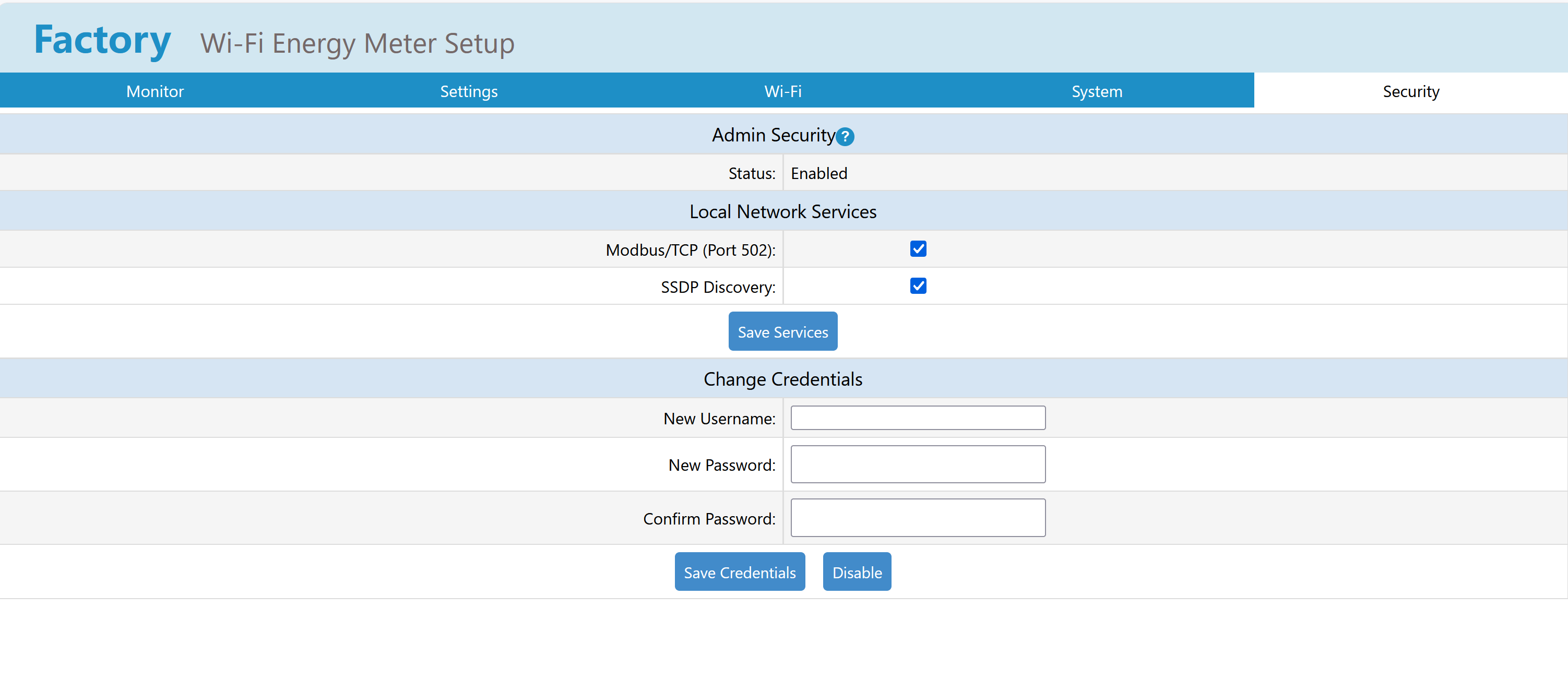 IAMMETER lokale webinterface Security-tabblad voor het configureren van de beheerdersgebruikersnaam en het wachtwoord