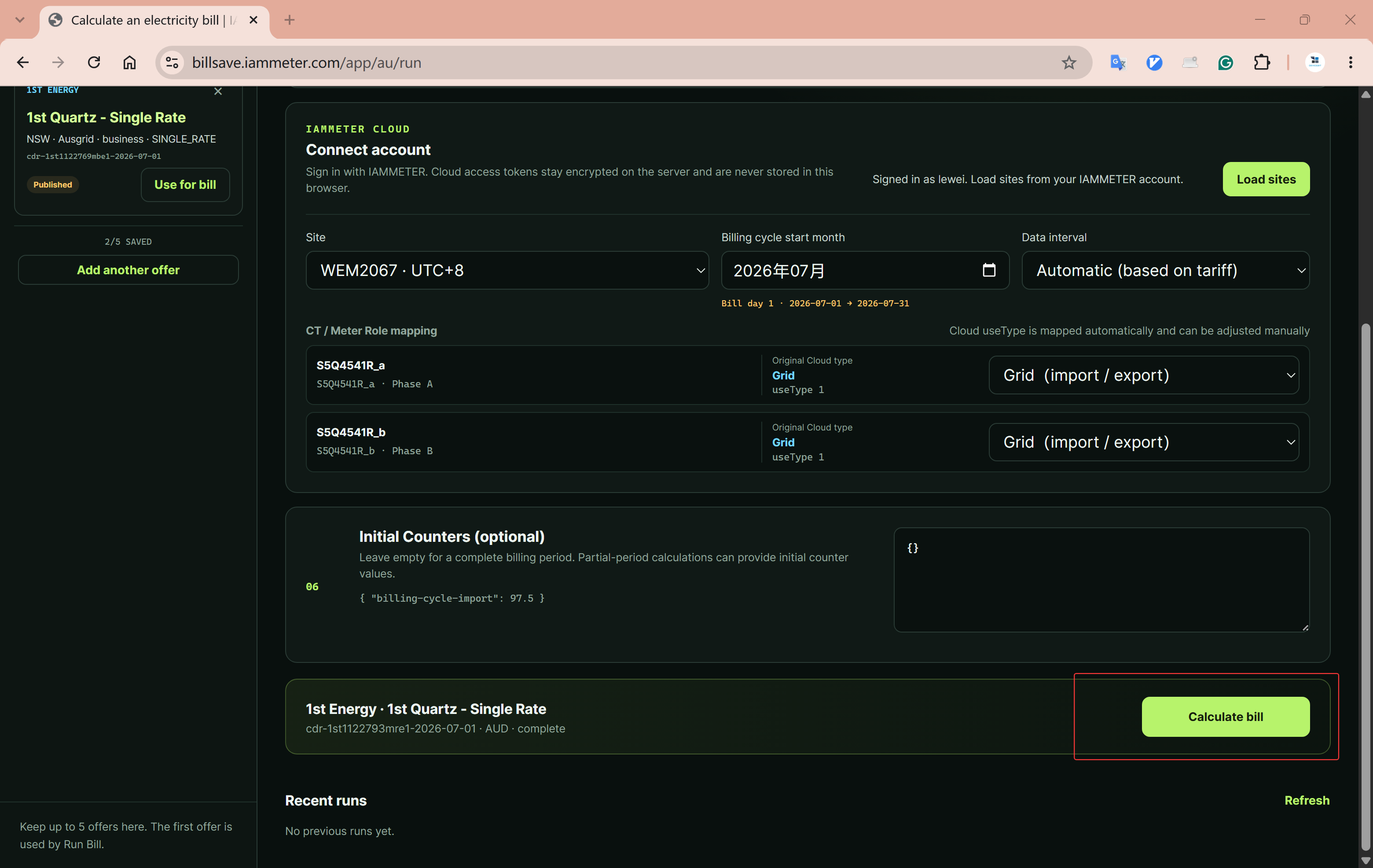 Start a BillSave electricity bill calculation