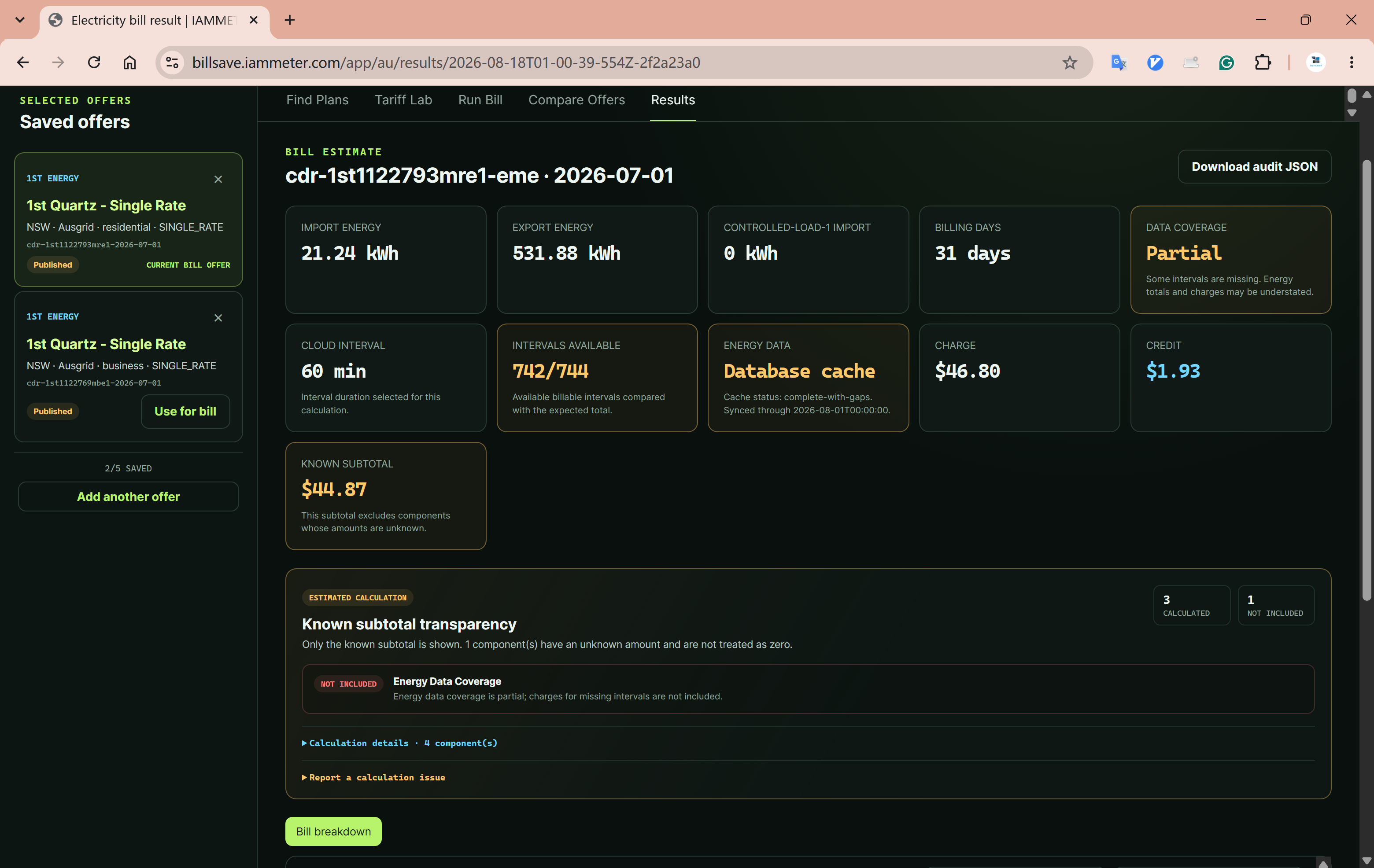 Estimated electricity bill calculated with IAMMETER BillSave