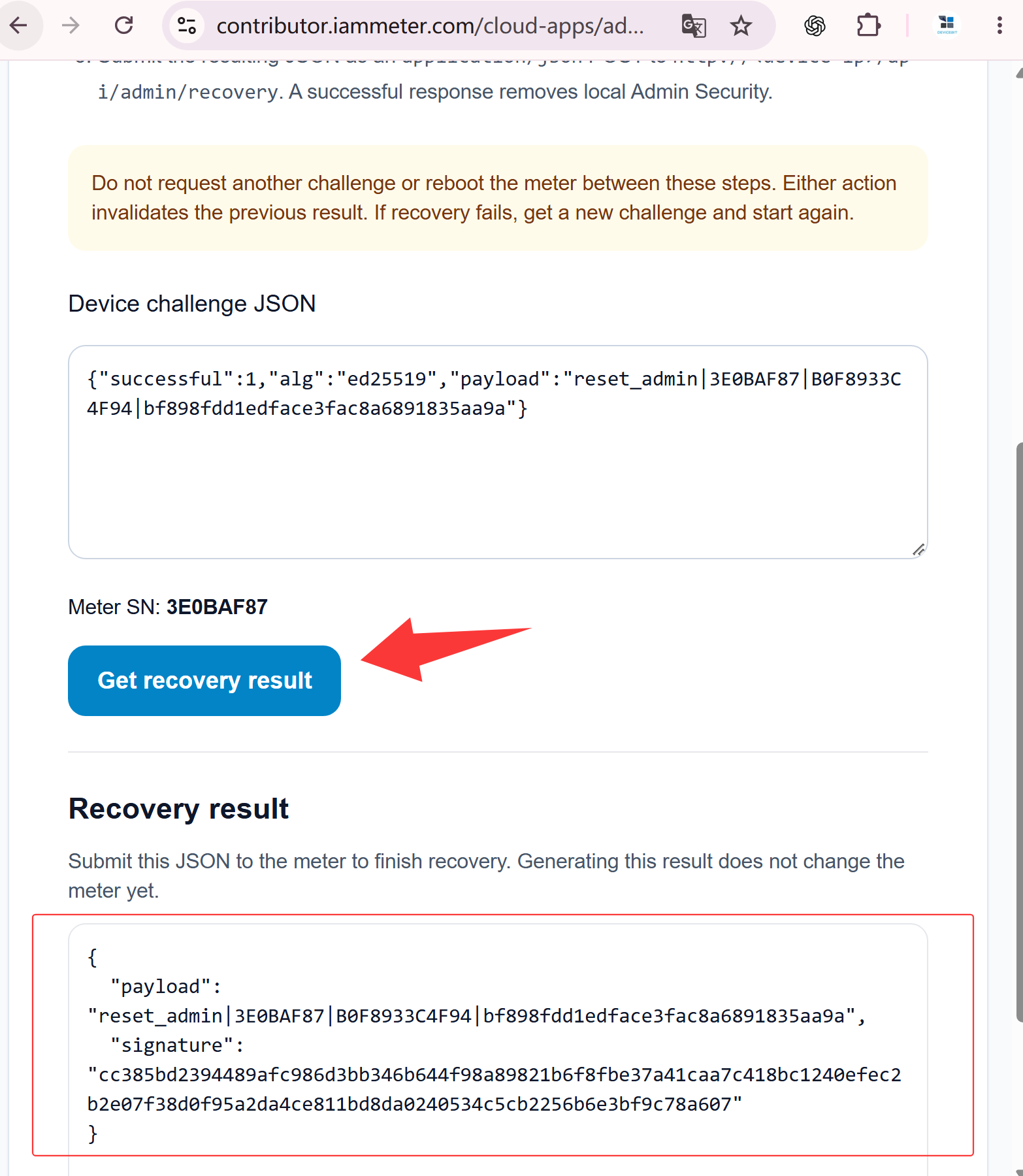 Generate an Ed25519 recovery signature in the IAMMETER Admin Recovery application