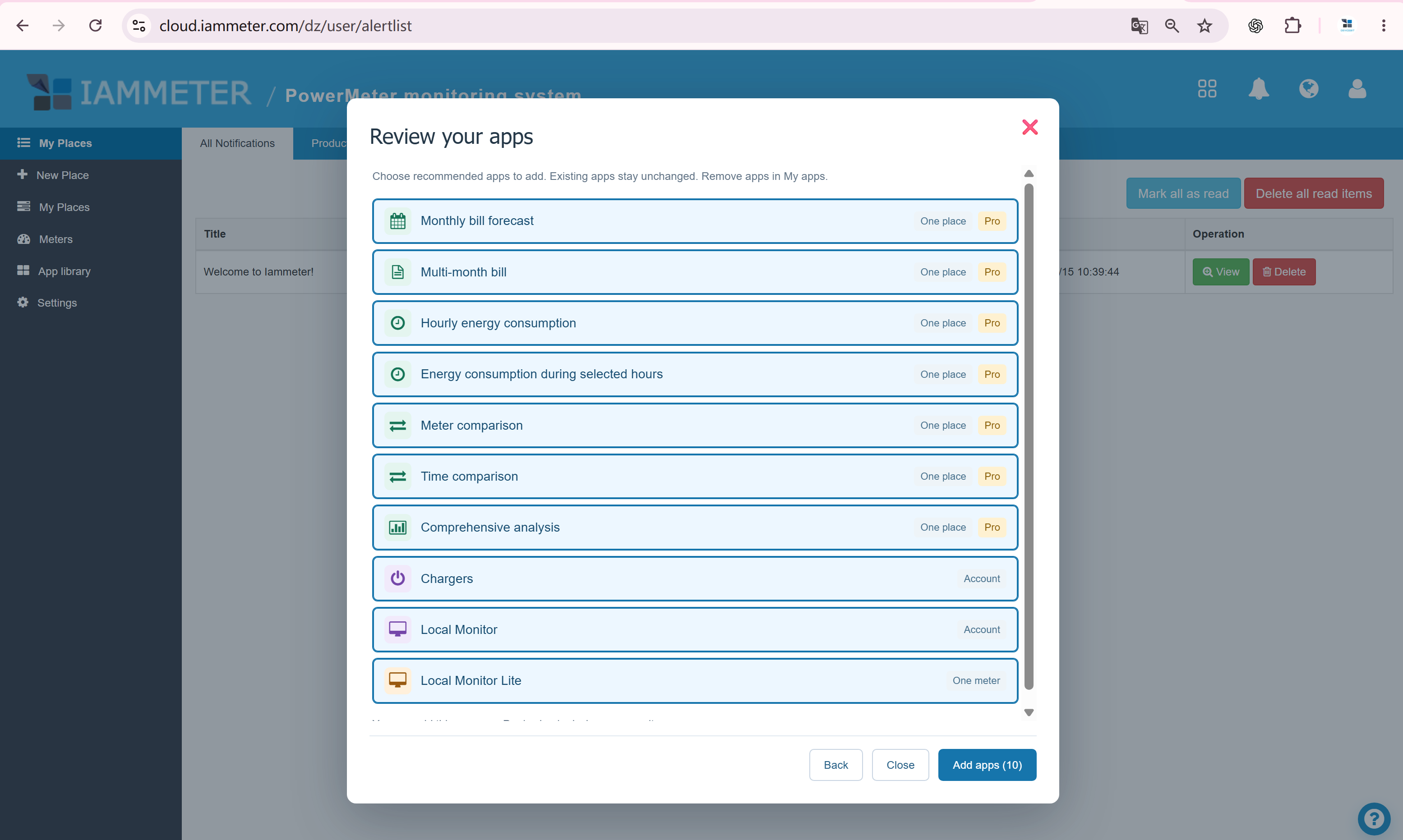 กล่องโต้ตอบตรวจดูแอปของคุณที่แสดงฟีเจอร์ที่แนะนำของ IAMMETER Cloud และปุ่ม Add apps