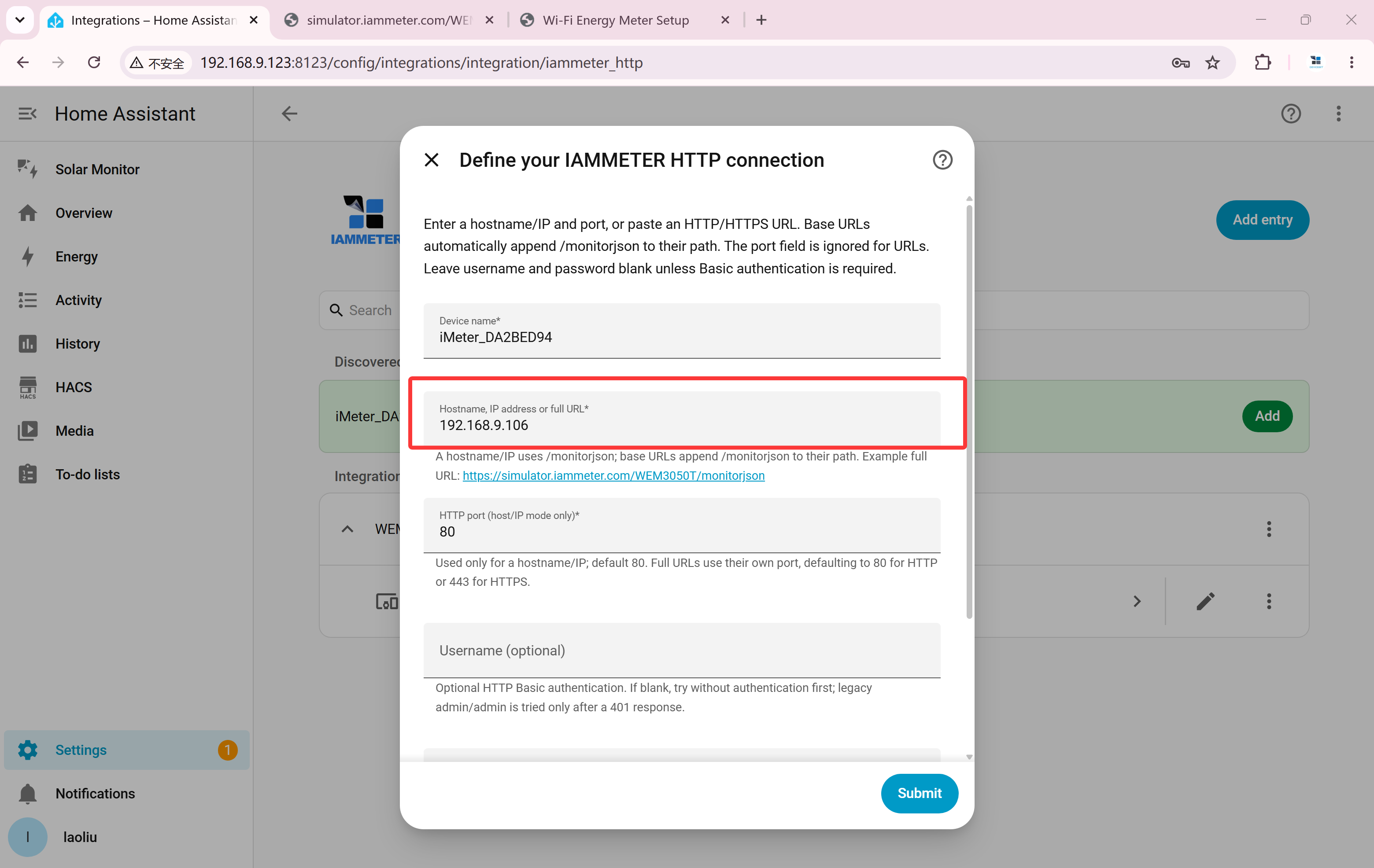 Replace the simulator address with the meter’s local IP address