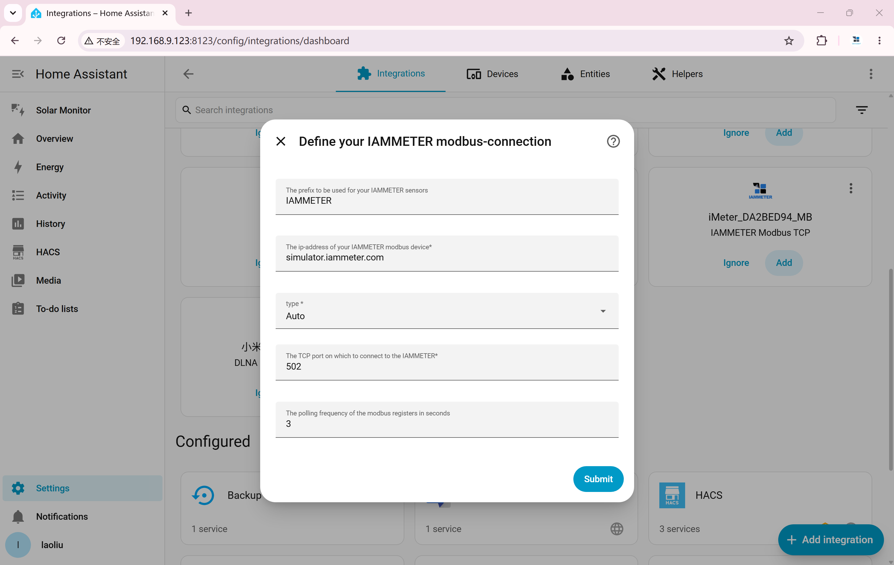 Configure the Modbus/TCP simulator connection