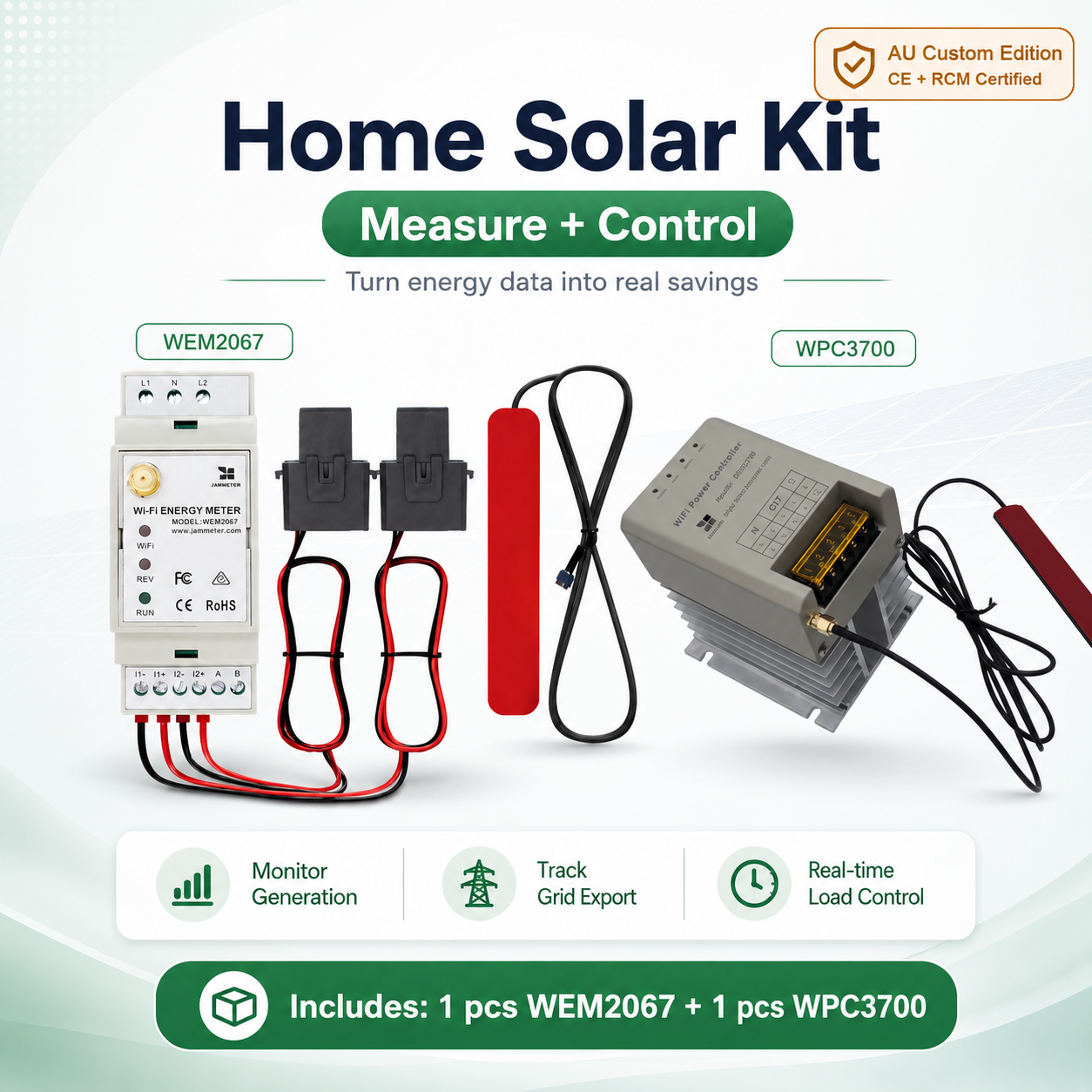 Домашний солнечный комплект IAMMETER с двухканальным счётчиком энергии WEM2067 и контроллером избыточной солнечной мощности WPC3700