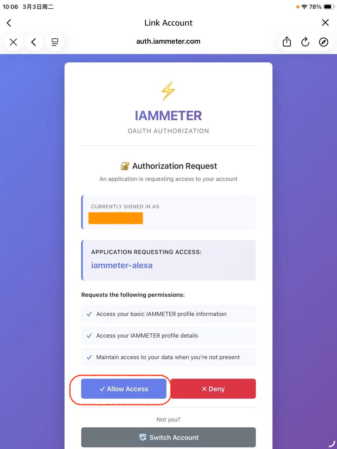 Grant Alexa permission to access IAMMETER energy monitoring data