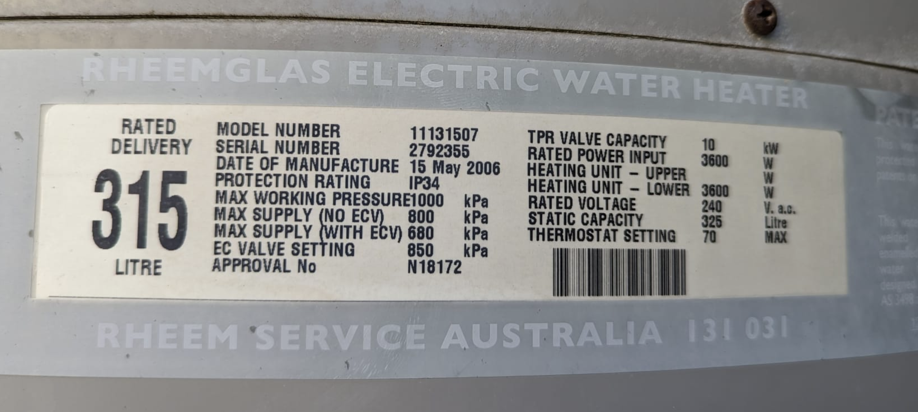 Electric water heater, 3.6KW